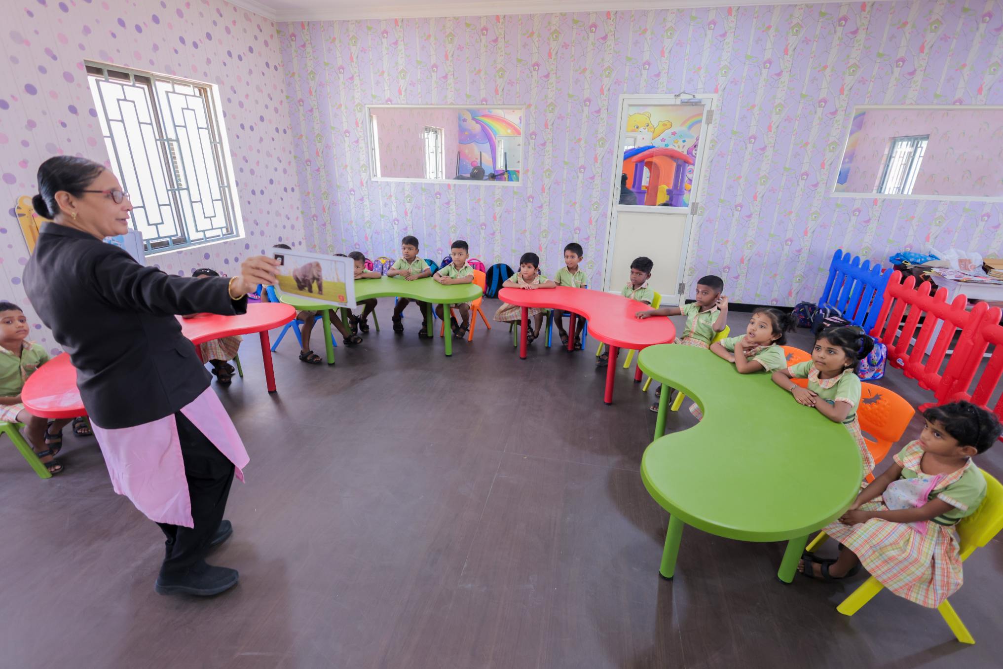 Students in a bright classroom